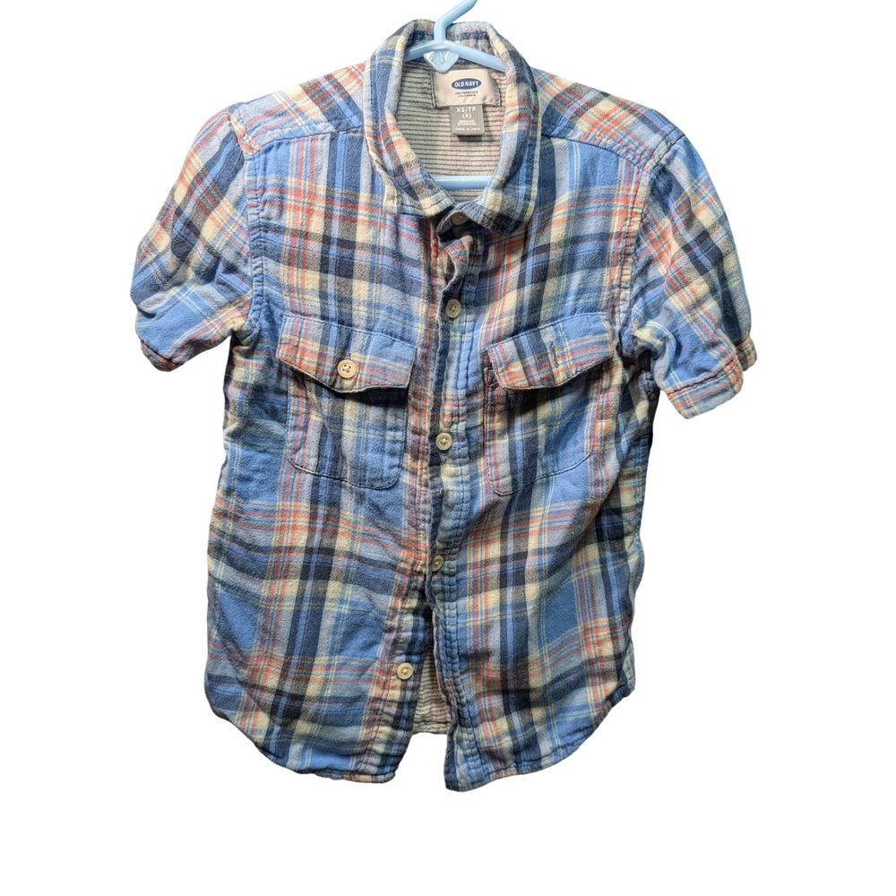 Old Navy Plaid Button Down Kids Size 5 Blue Excellent Short Sleeve Cotton Shirt